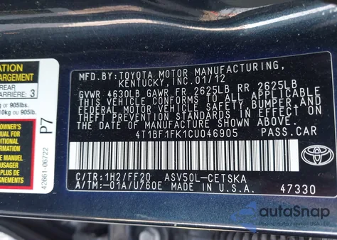 2012 Toyota Camry Se from USA, damaged, VIN 4T1BF1FK1CU046905